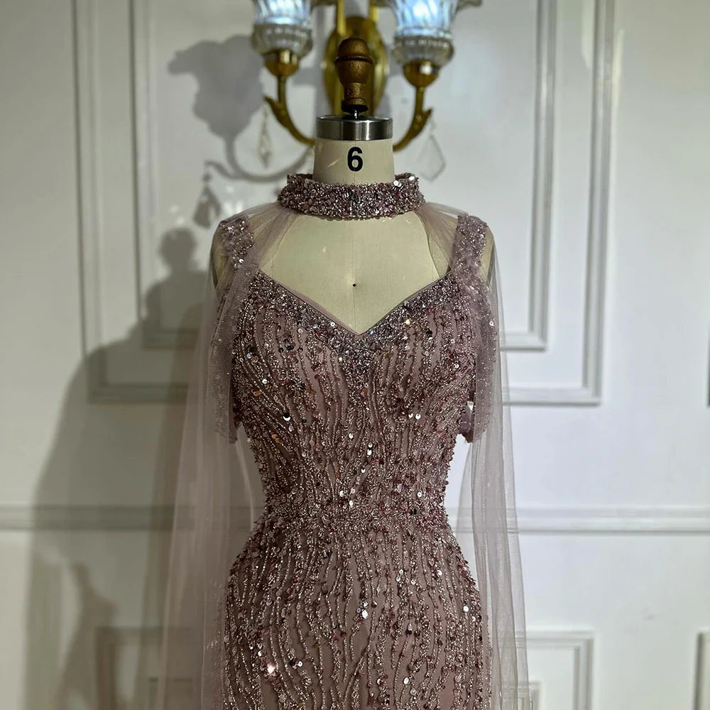 Luxury Caramel Beaded Mermaid Evening Gown with Cape Sleeves LA72921