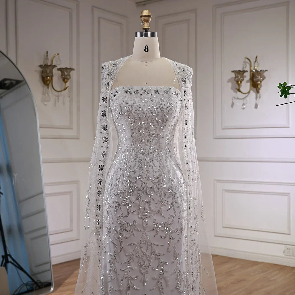 Luxury White Dubai Arabia Beading Evening Dress With Cape LA72870