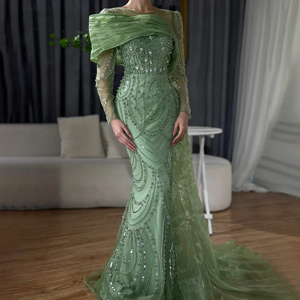 Luxury Designer Nude Crystal Mermaid Evening Dress with Overskirt LA72348