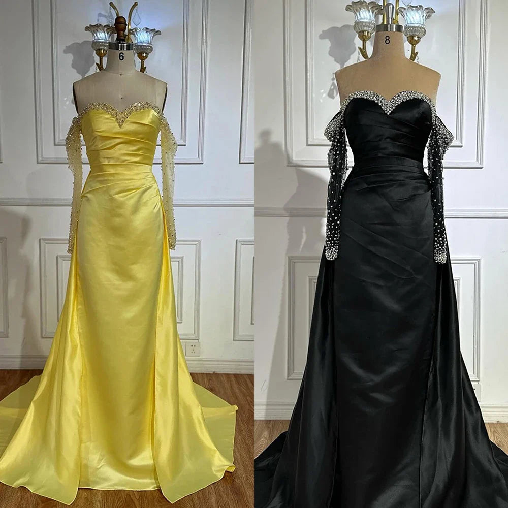 Elegant Yellow Mermaid Beaded Evening Gown with Detachable Sleeves LA72777