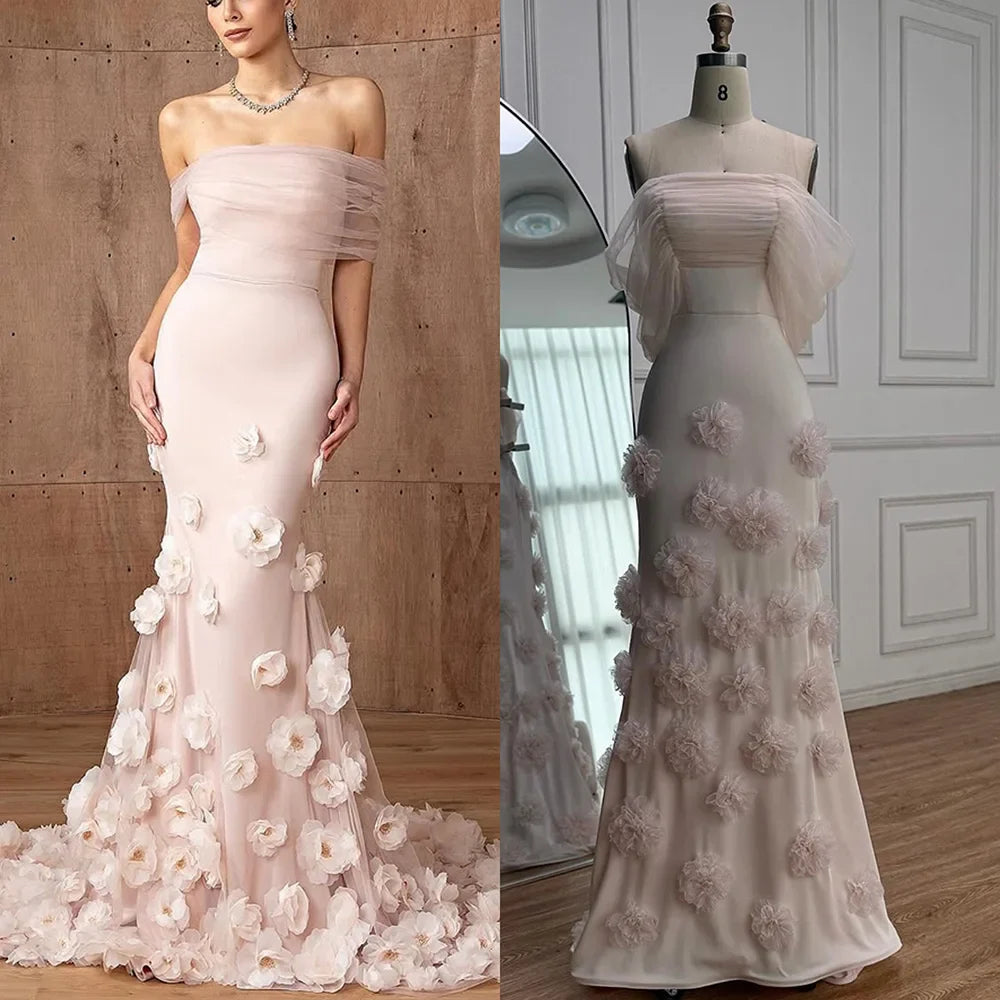 Elegant pink 3D flower off-shoulder evening dress LA72943