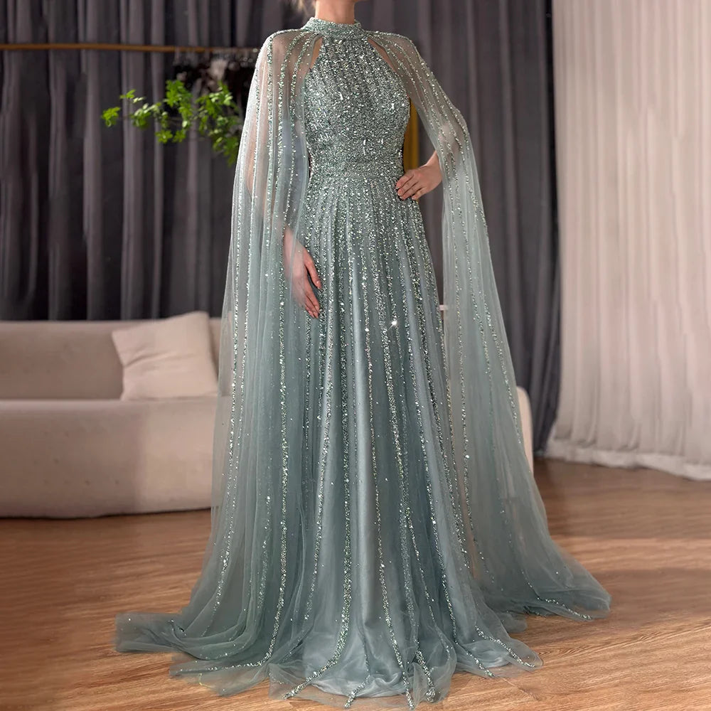 Luxury Caramel A-Line Cape Sleeve Beaded Evening Dress LA72306B