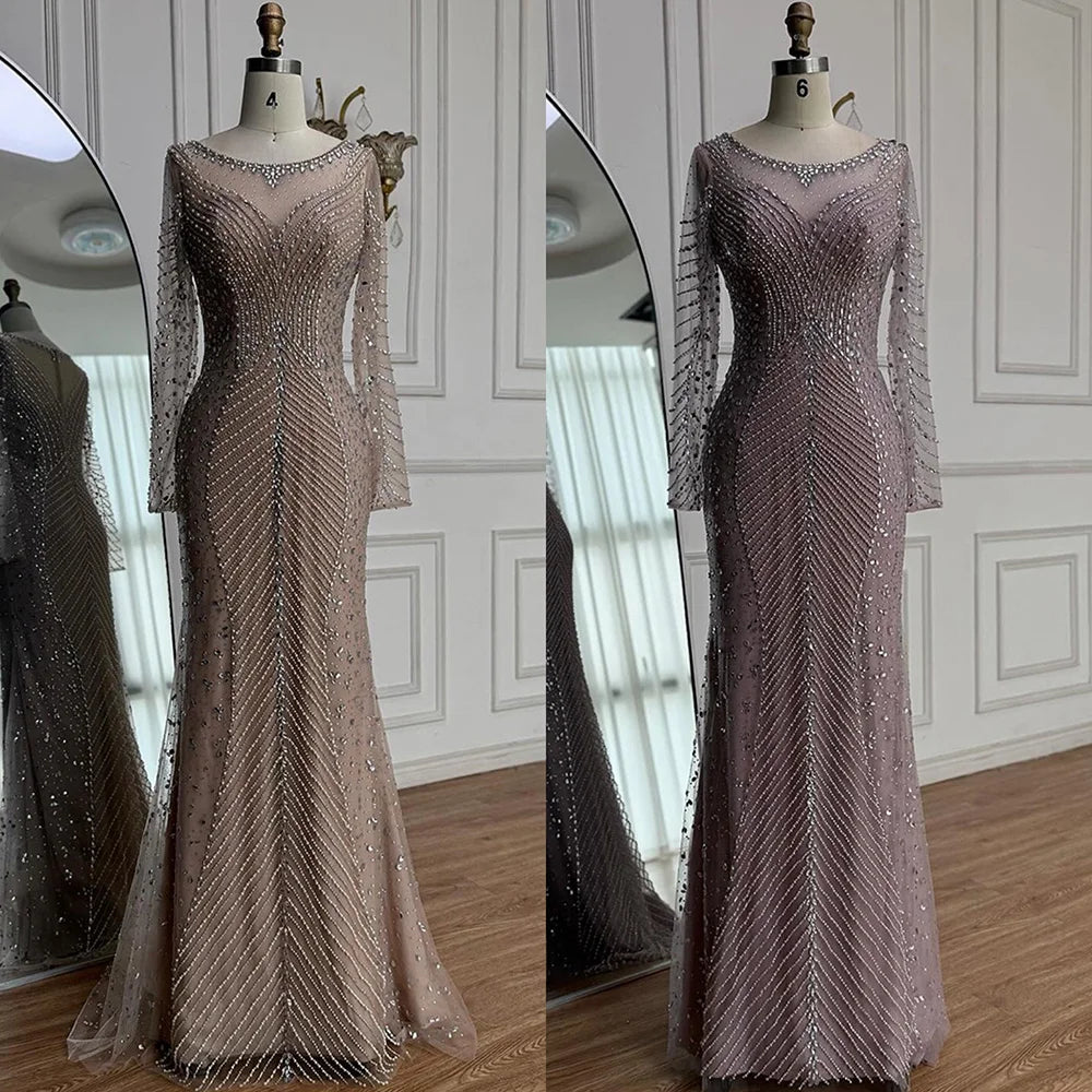 Luxury Arabic Silver Nude Beaded Mermaid Long Sleeve Evening Dress LA73132