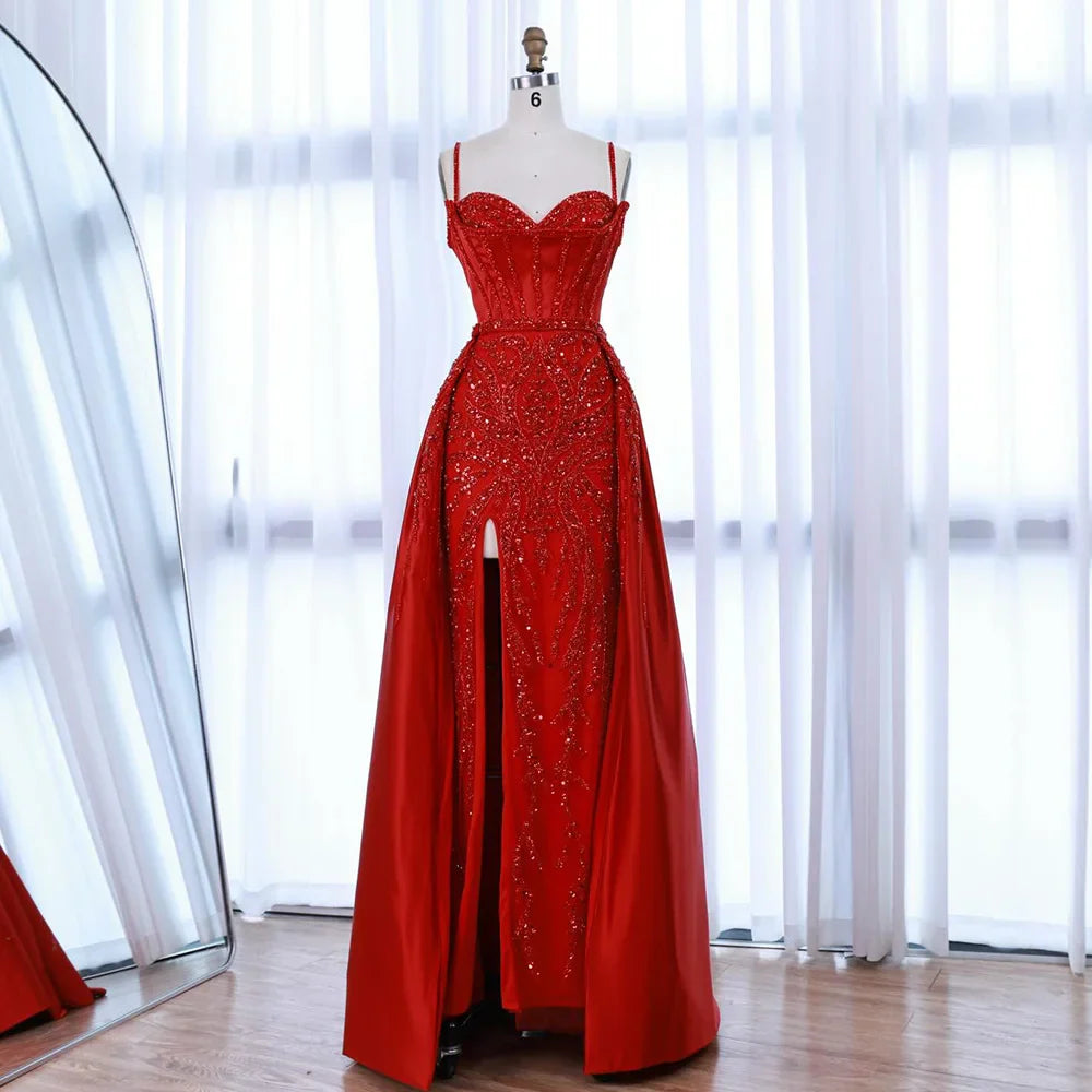Luxury Red Beaded High Slit Evening Gown with Overskirt LA72936