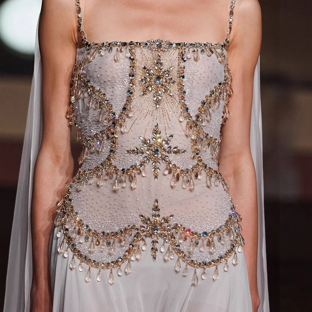 Luxury White Chiffon Cape Evening Dress with Beaded Bodice LA73123