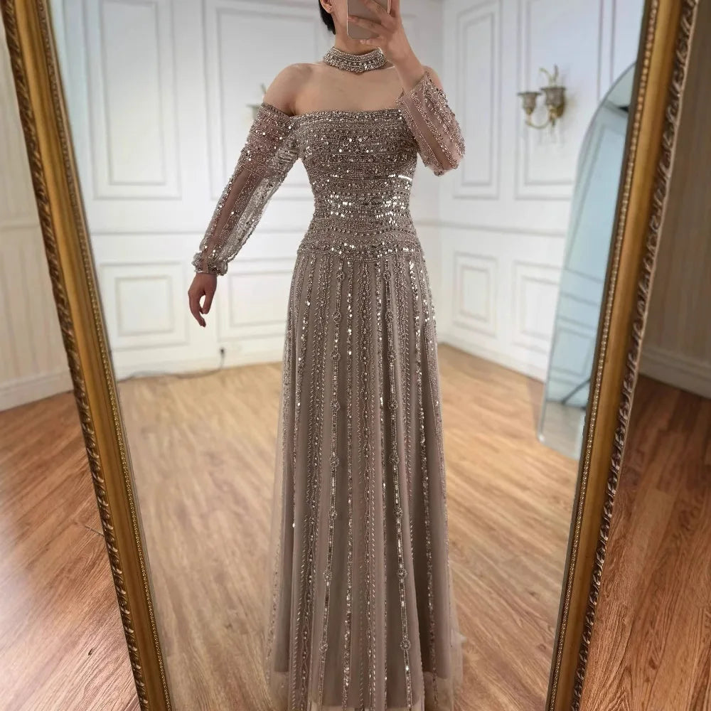 Luxury Caramel Off Shoulder Beaded Mermaid Evening Dress Long Sleeves LA73053