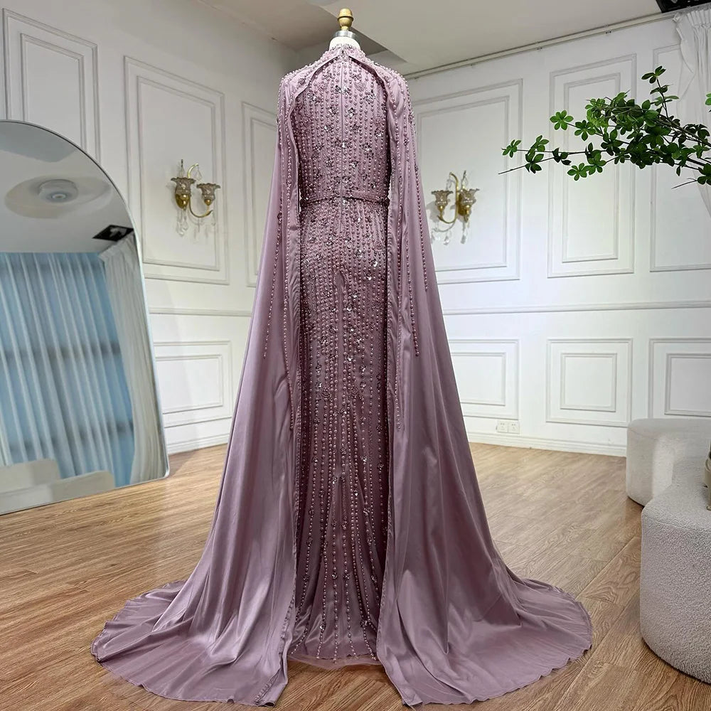 Modest Blue Muslim Beaded Evening Gown with Cape Sleeves LA72533