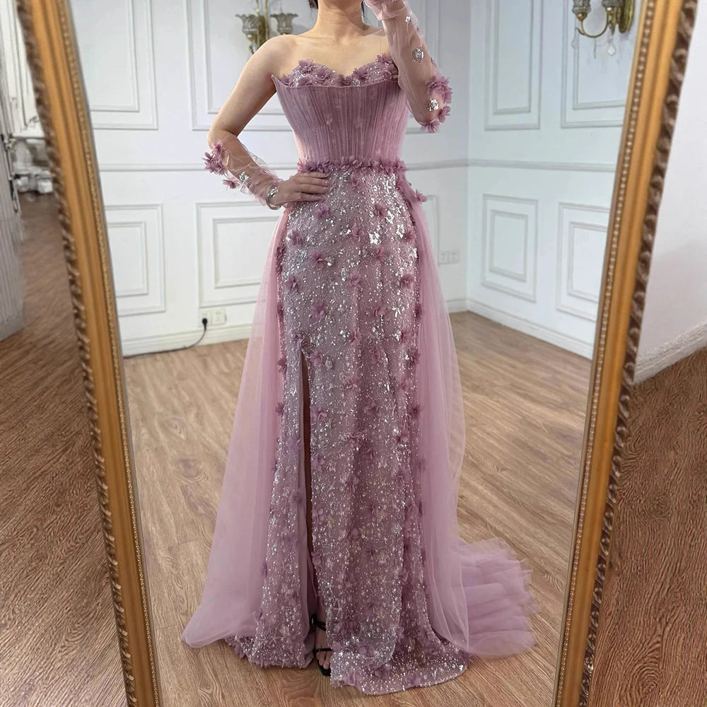 Elegant Pink 3D Floral High Slit Evening Gown with Gloves Overskirt LA72937