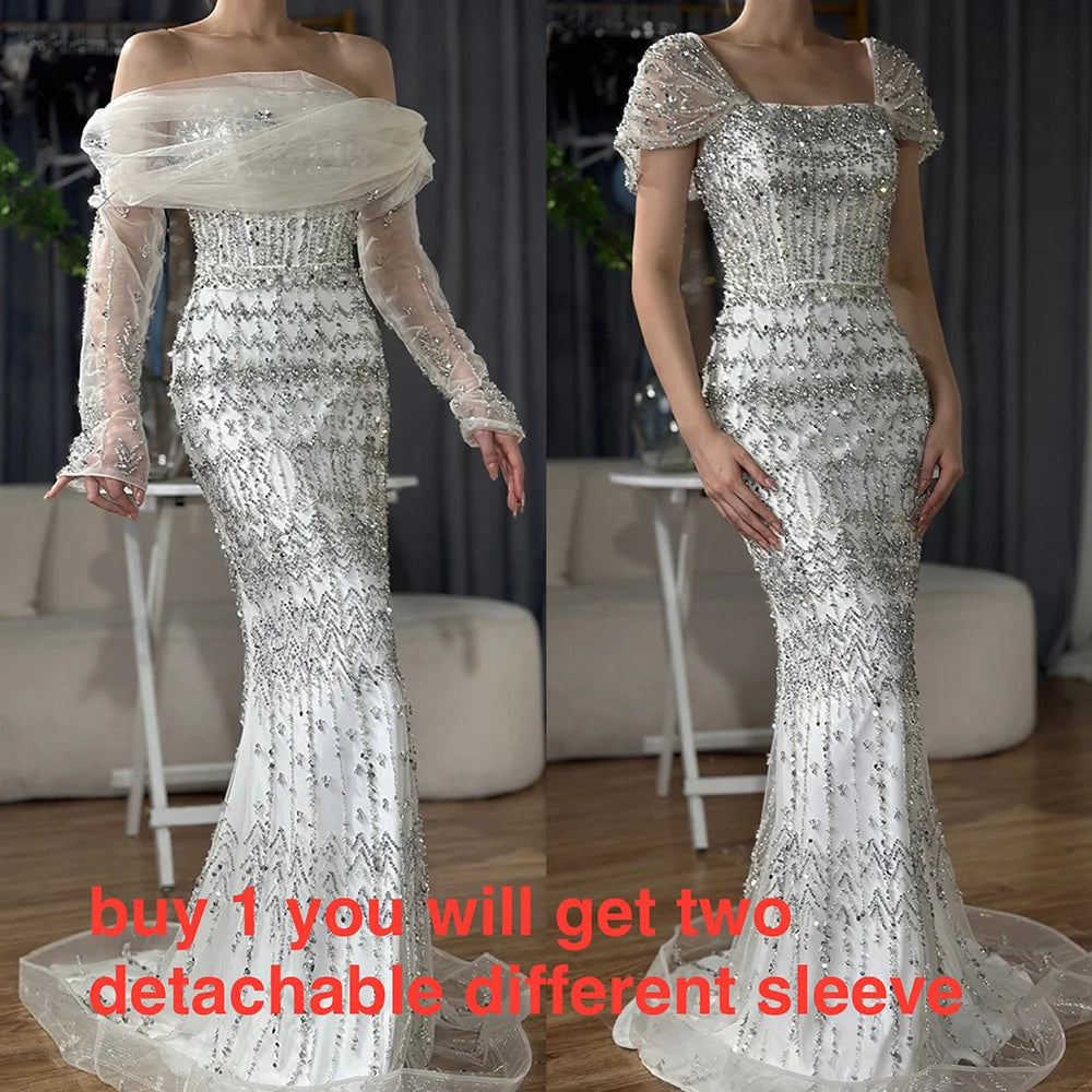 Luxury White Mermaid Beaded Evening Dress with Short Sleeves LA72714