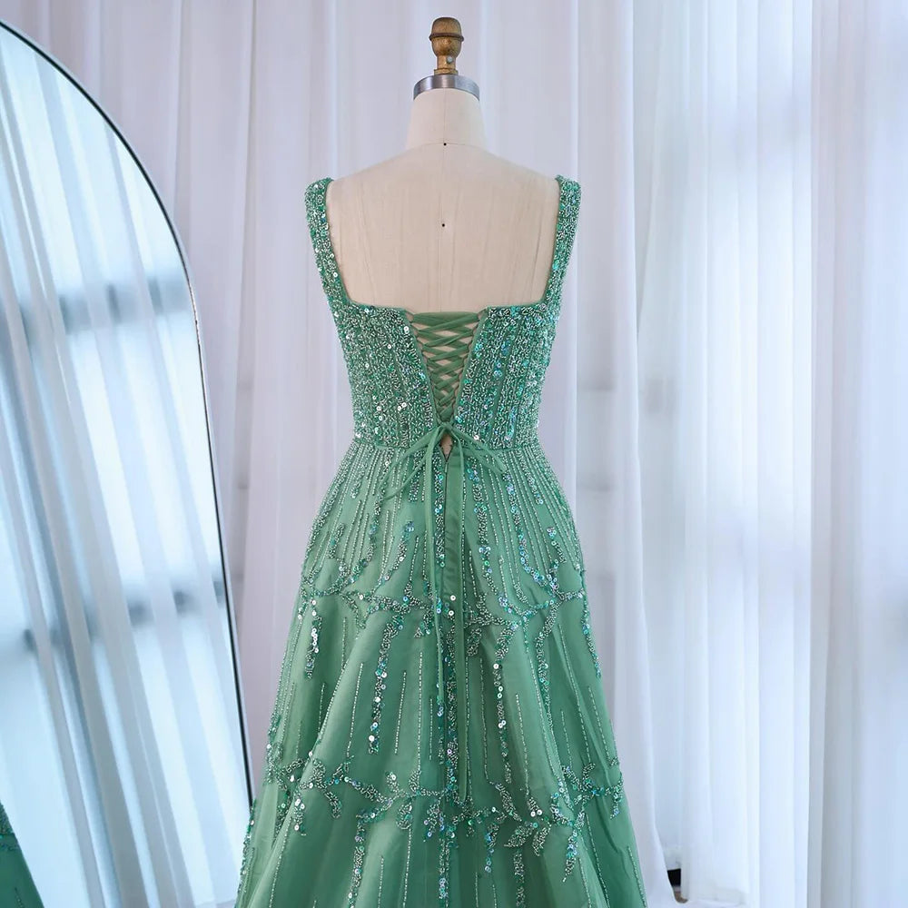 Elegant Sage Green Beaded A-Line Evening Dress LA73064