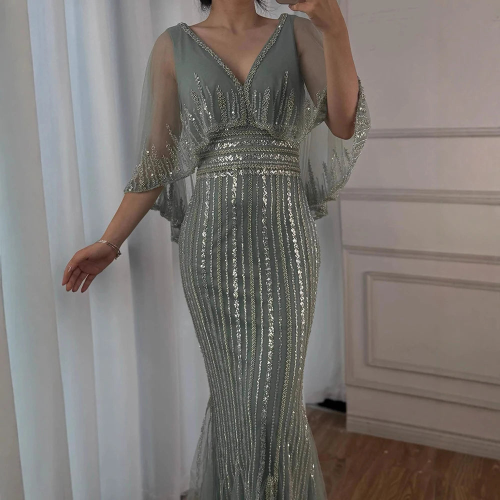 Luxury Turquoise Mermaid Evening Dress with Long Cape LA72258