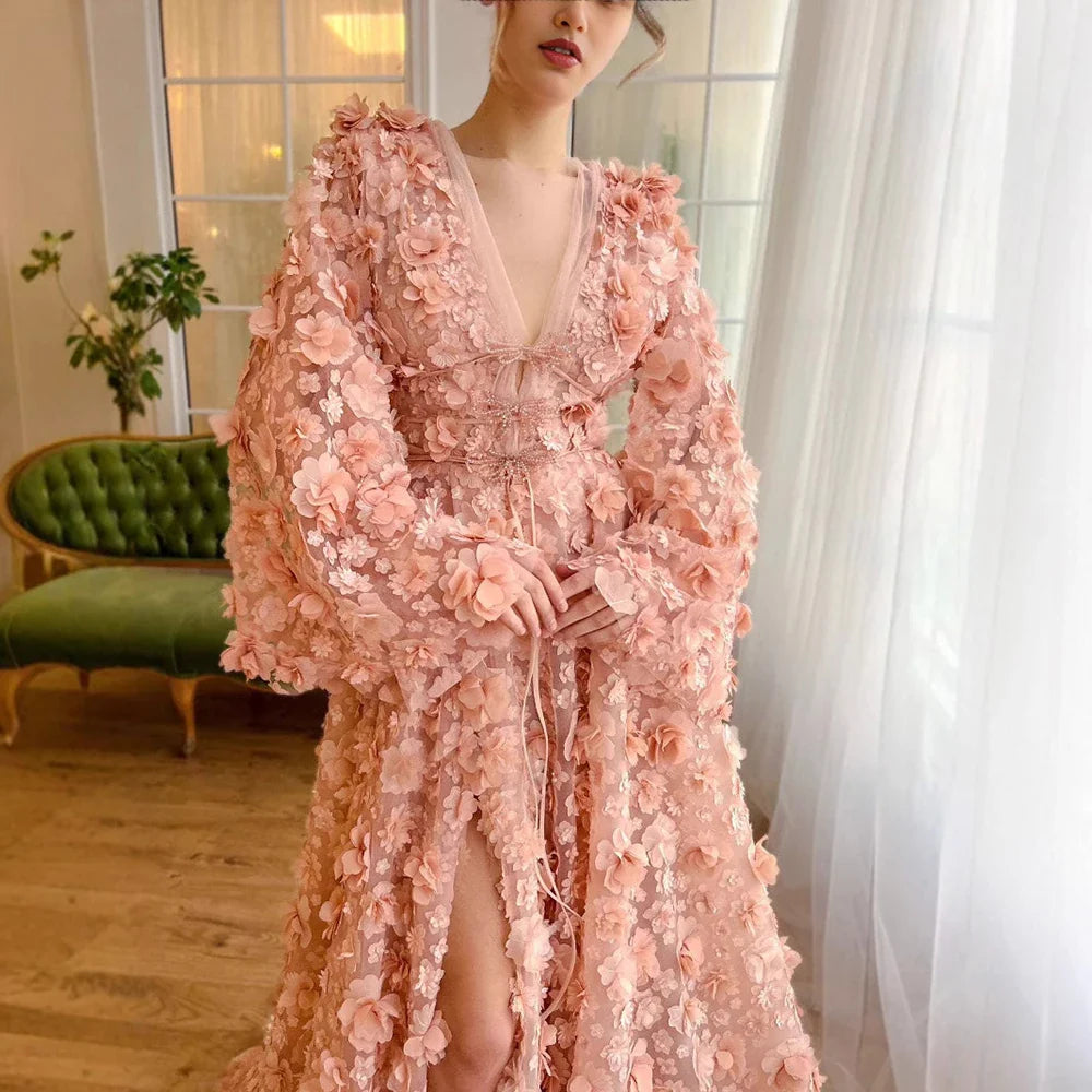 Blush Peach-Pink 3D Flowers Evening Dresses with Bell Long Sleeves LA72960