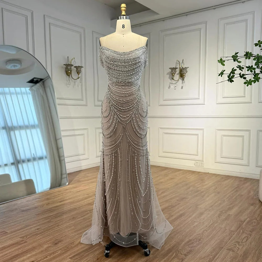 White Nude Beaded Mermaid Evening Dress with Satin Cape LA72253B