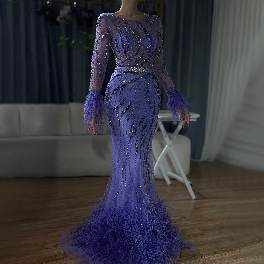 Serene Hill Elegant Mermaid Evening Dress Arabic Purple Beaded Feathers | Luxury Gown for Women's Wedding Party LA72367