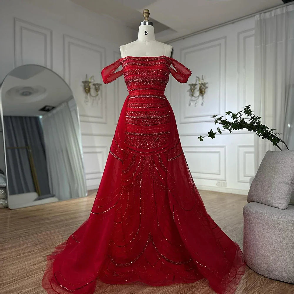 Luxury Pink Mermaid Beaded Evening Gown with Detachable Satin Overskirt LA72781