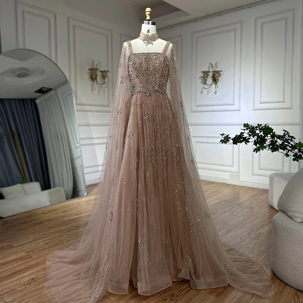 Luxury Designer Nude A-Line Crystal Beaded Arabic Evening Dress LA72764