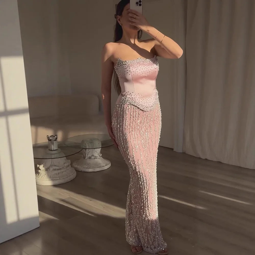 Glamorous Strapless Mermaid Evening Dress with Pearls LA73070