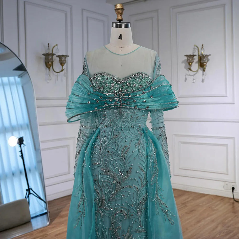 Luxury Blue Designer Evening Dress with Long Sleeves Overskirt LA72841