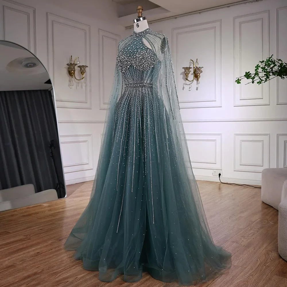 Luxury Beaded A-Line Evening Dress with Cape Sleeves LA73054