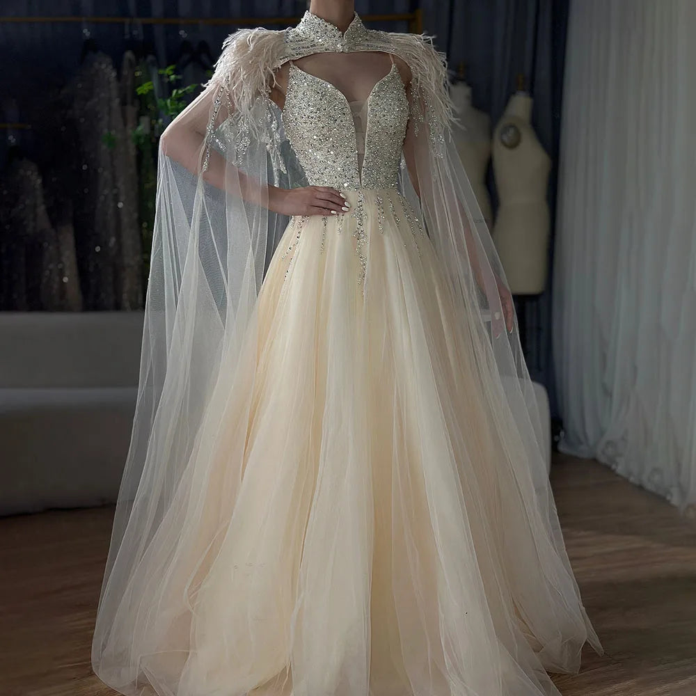 Luxury Dubai Arabic Beige A-Line Feathers Long Cape Luxury Beaded Saudi Evening Dresses Gowns for Formal Occasion LA72722