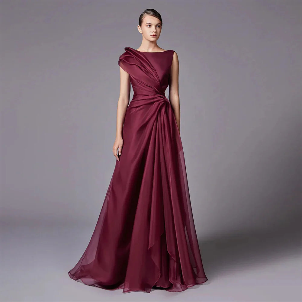 Burgundy Elegant A-Line Evening Dress with Draped Shoulder LA72944
