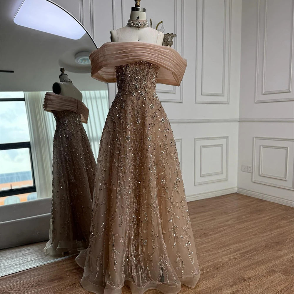 Glamorous Silver Gray Off-Shoulder Beaded Evening Dress LA73062