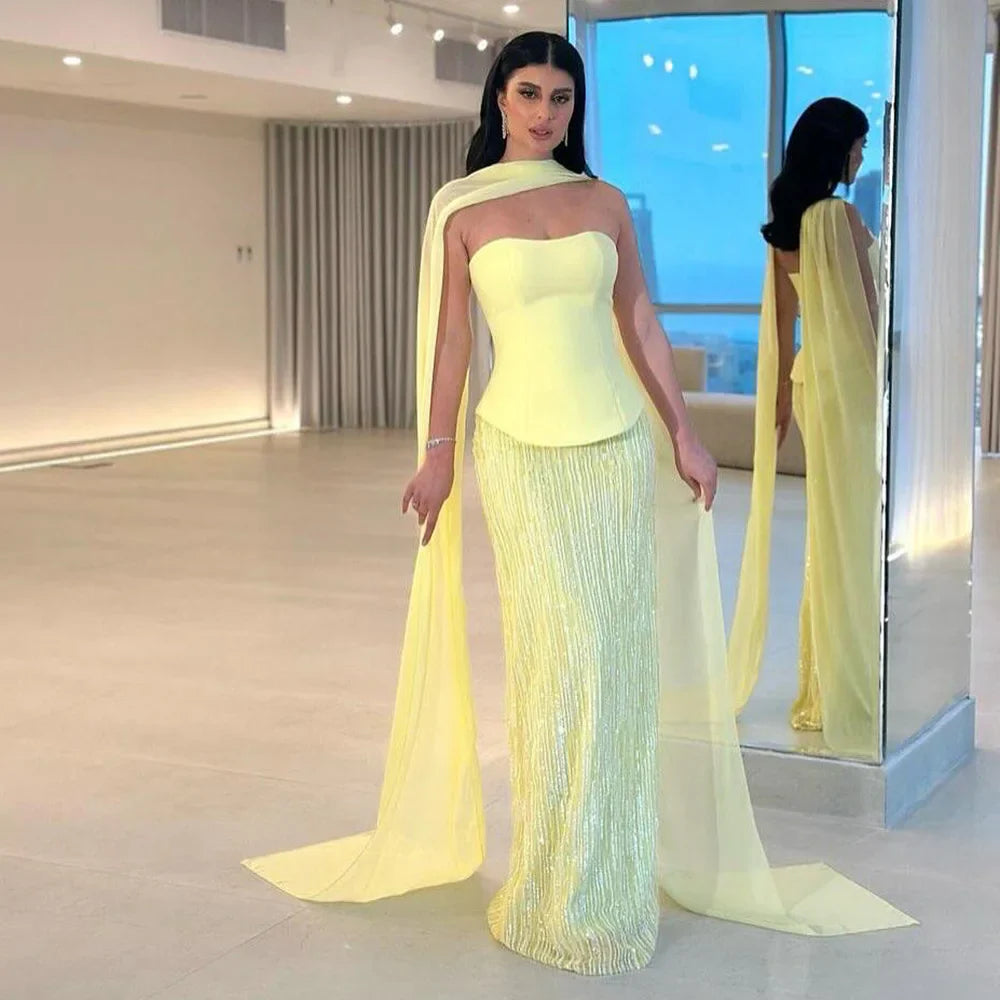 Luxury Yellow Chiffon Mermaid Evening Dress with Cape LA73007