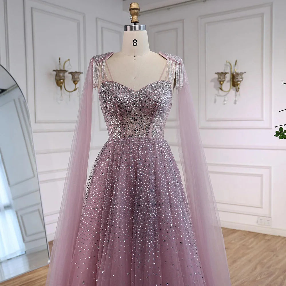 Luxury Pink Tulle Beaded A-Line Evening Dress with Cape Sleeves LA73072