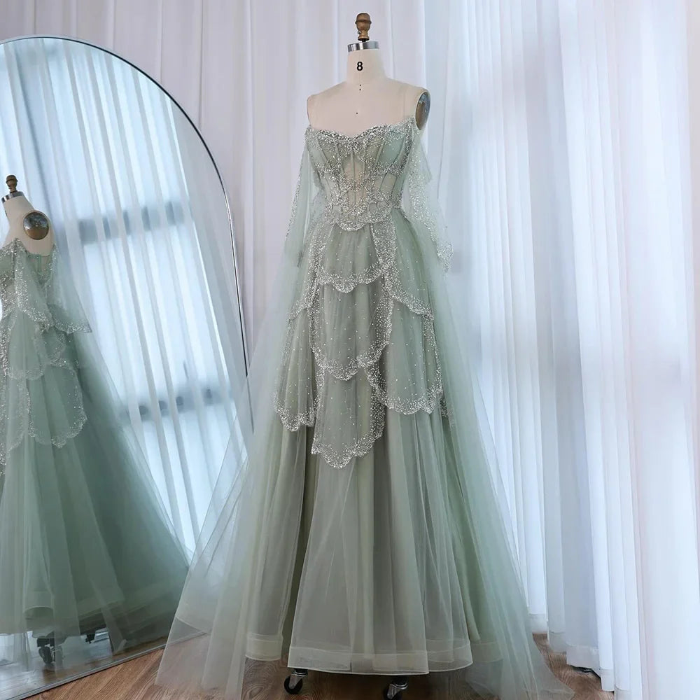 Luxury Arabic Sage Green Beaded A-Line Evening Dress with Cape LA72605A