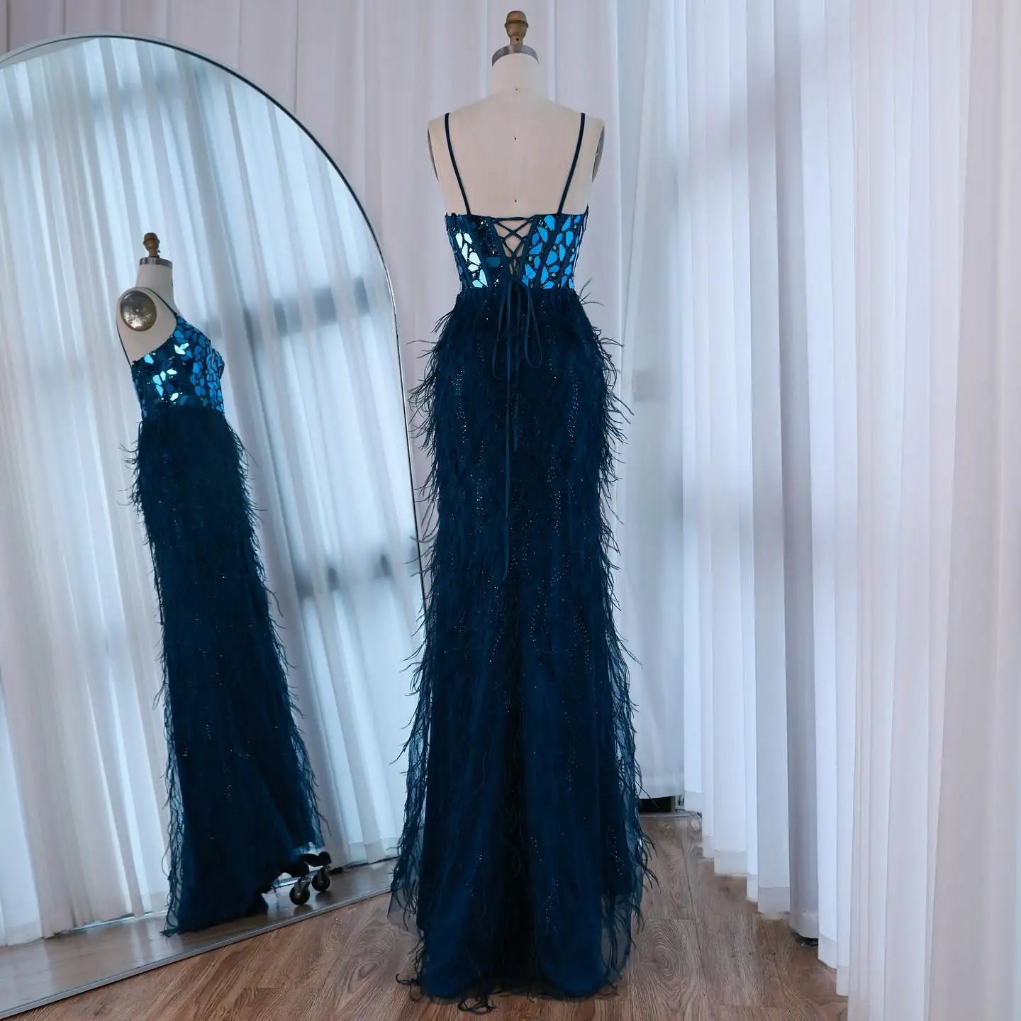 Luxury Peacock Blue Feather Evening Dress with Mirror Beaded Bodice LA73008