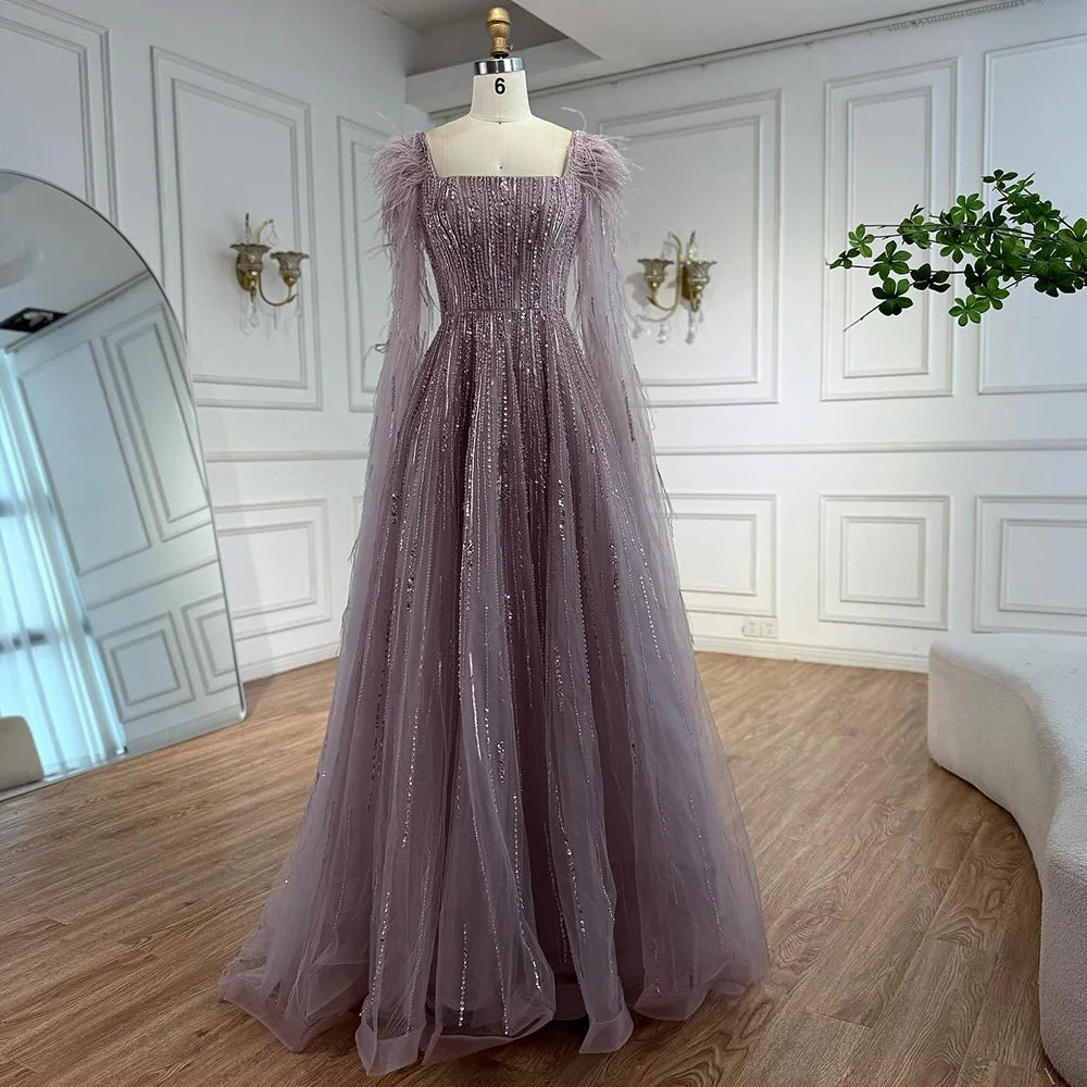 Blue Luxury Feathers Arabic Evening Dresses with Cape LA72236