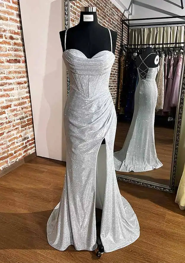 Serene Hill Arabic Silver Elegant Mermaid Spaghetti Straps Glitter Prom Dress with Pleated Split for Women's Party LA72685