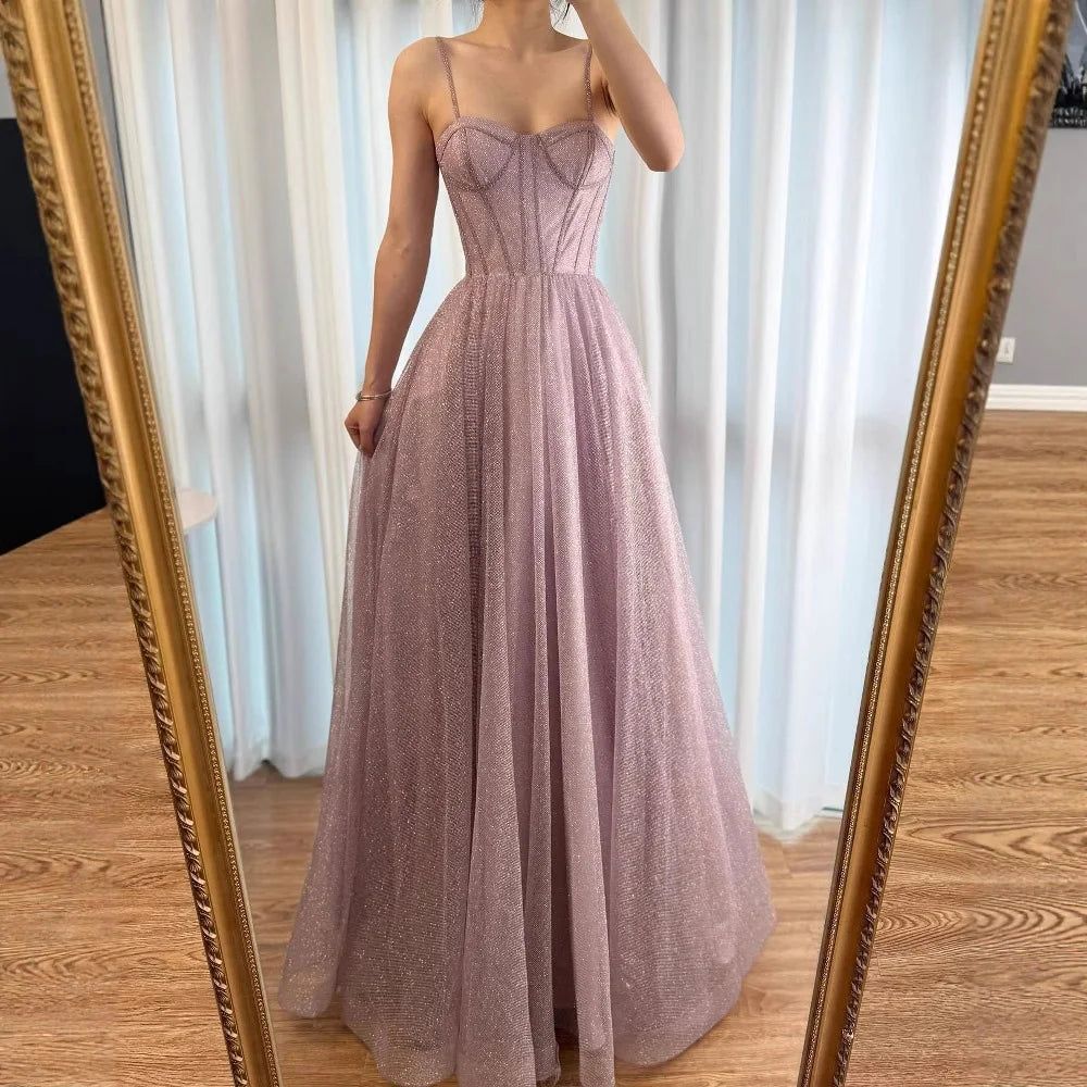 Luxury Pink Glitter A-Line Evening Dress with Corset Bodice LA73017