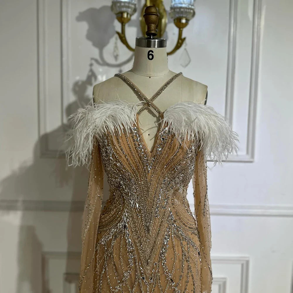 Luxury Dubai Blue Feather Beaded Luxury Mermaid Evening Dresses Gowns for Women Formal Occasion LA72836