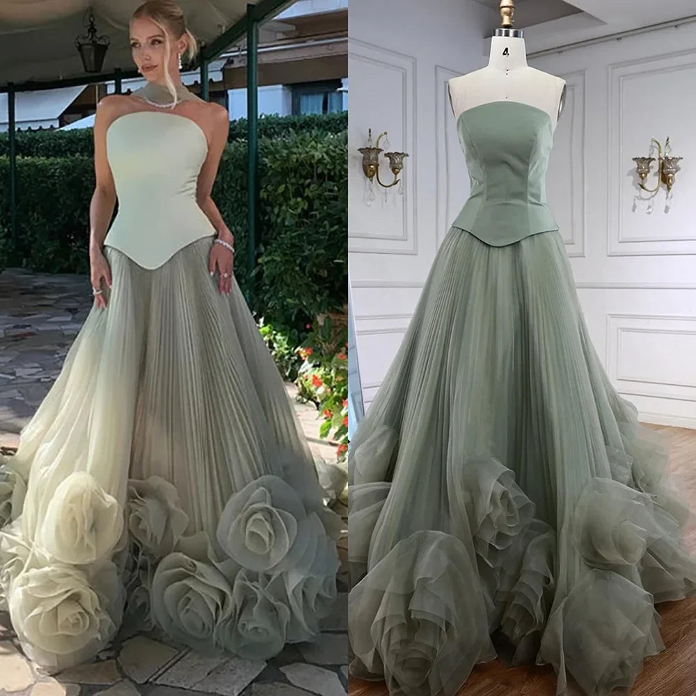 Elegant Sage Green 3D Flowers A Line Evening Dresses Gowns LA72913