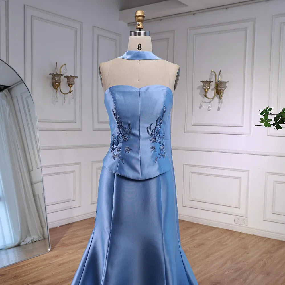 Luxury Blue Satin Mermaid Evening Dress with Long Scarf LA72831
