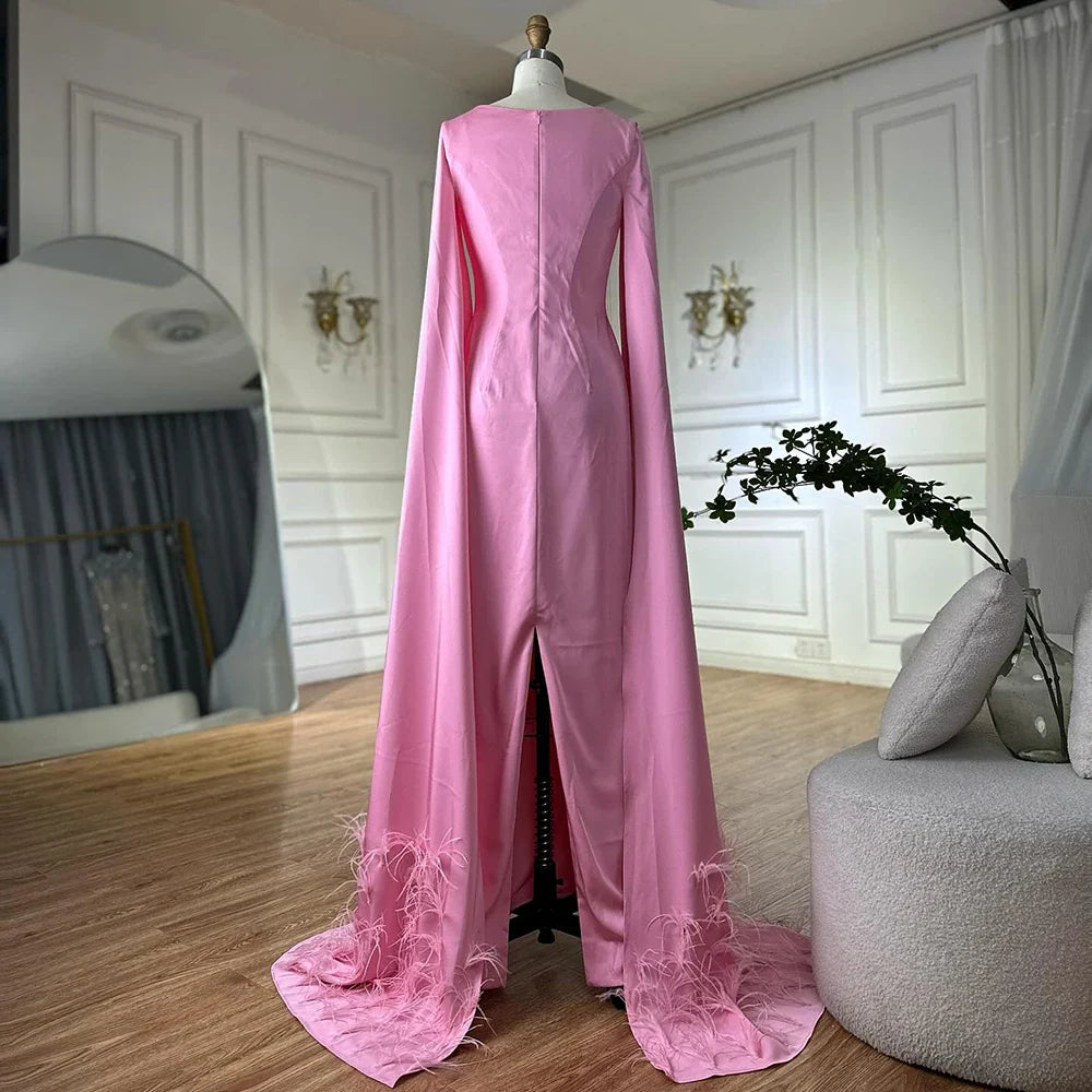 Luxury Arabic Pink Mermaid Evening Dress with Feather Cape LA72855