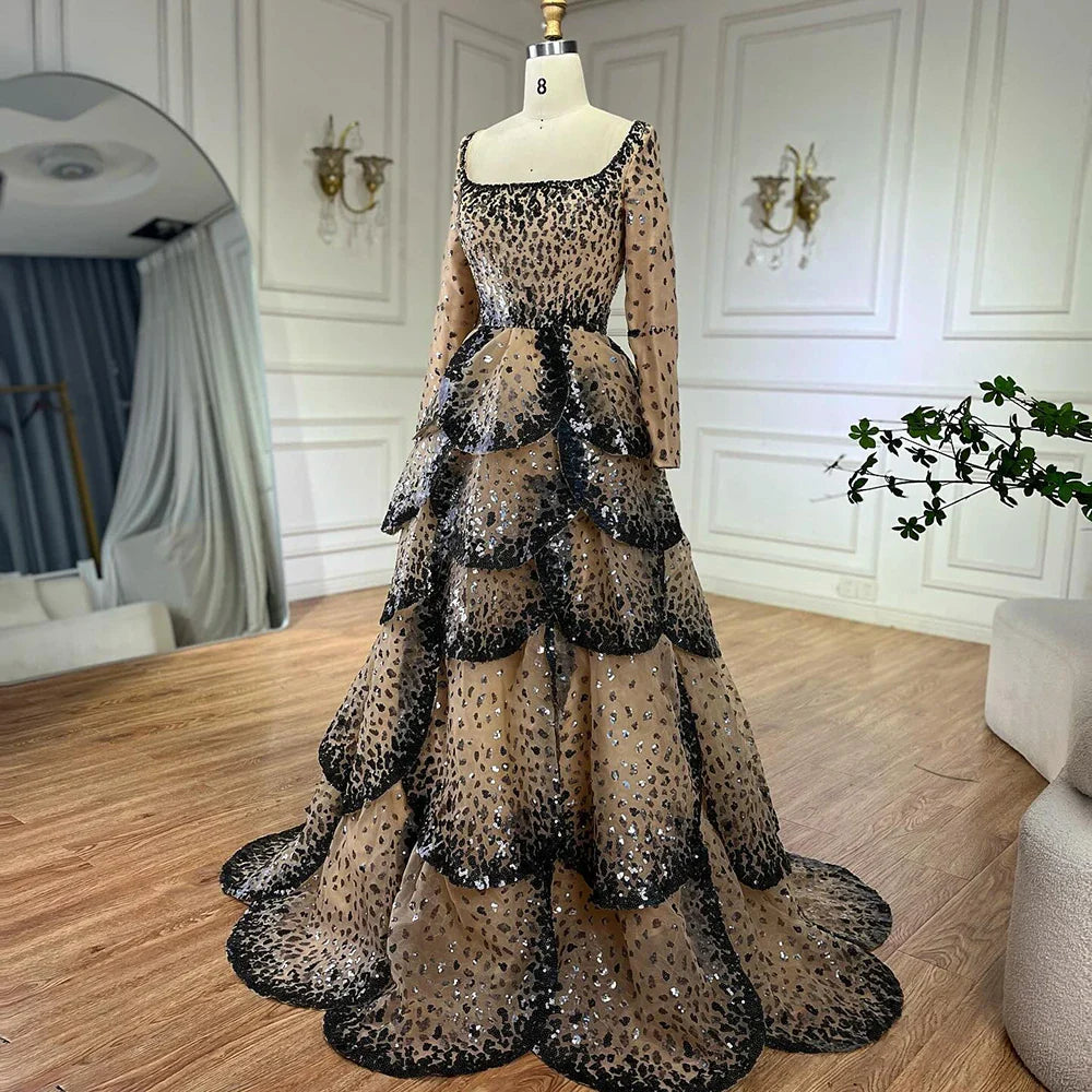 Luxury Black Nude Sequin Evening Dress with Long Sleeves LA72505B