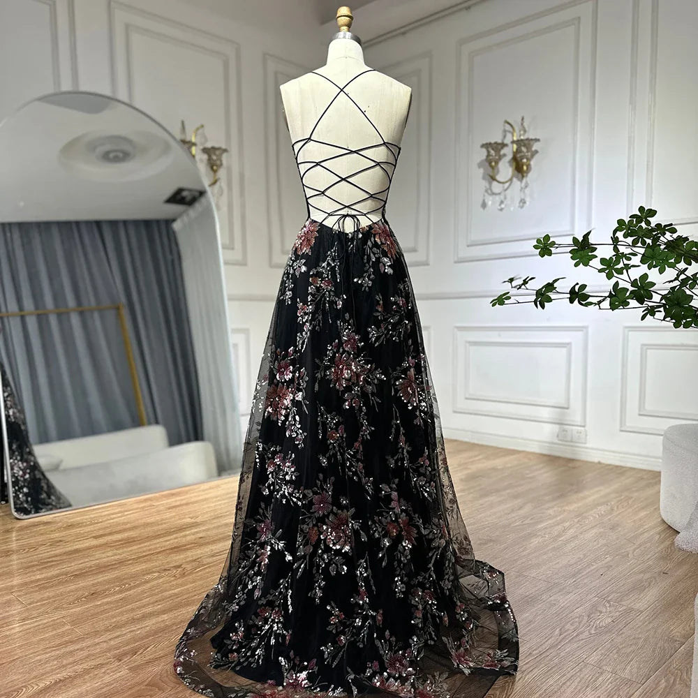 Luxury Dubai Spaghetti Strap A-Line Black Beaded Luxury Prom Dress for Formal Occasion Saudi Arabic LA72773