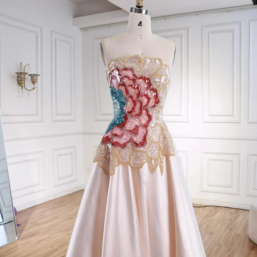 Luxury Chic Arabic Designer Beaded Satin A-Line Evening Dress LA72195B