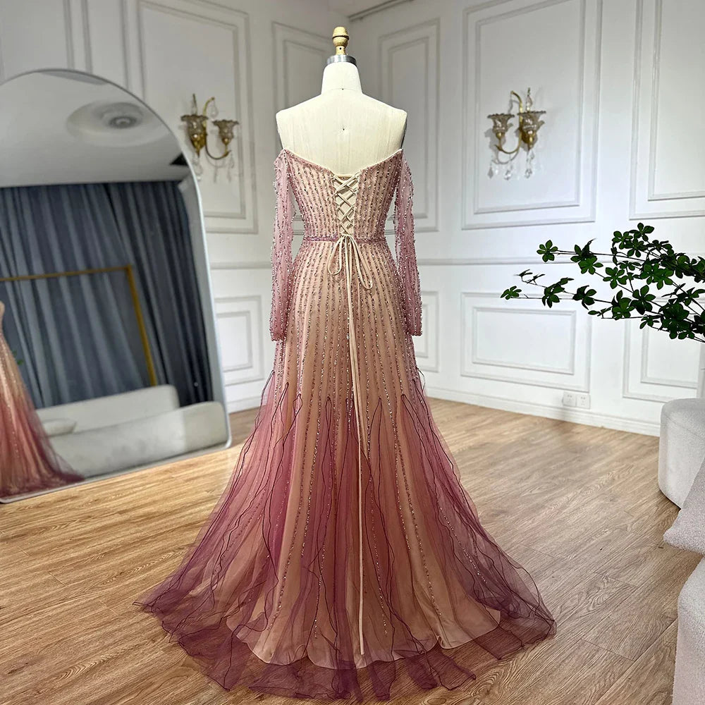 Luxury Dubai Arabic Purple Elegant A-Line Beaded Long Evening Dresses Gowns for Formal Occasion LA72752