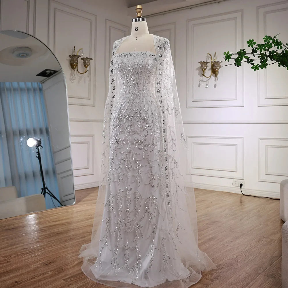 Luxury White Dubai Arabia Beading Evening Dress With Cape LA72870