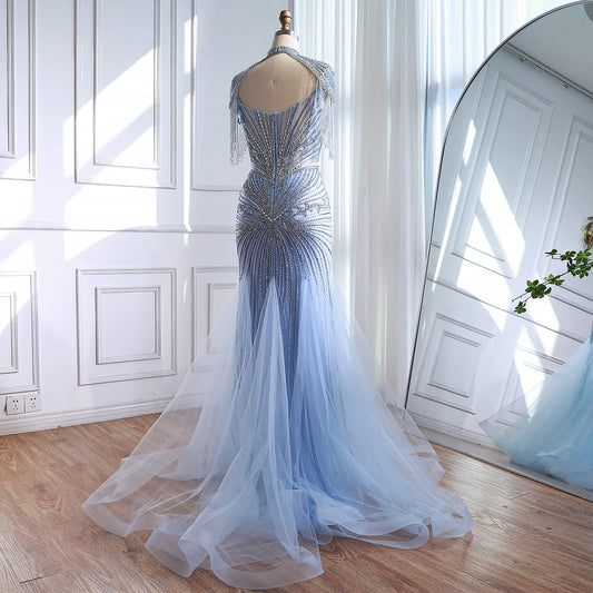 Luxury Dubai Beaded Blue Pink Evening Dress with Tassel Cape LA72897A