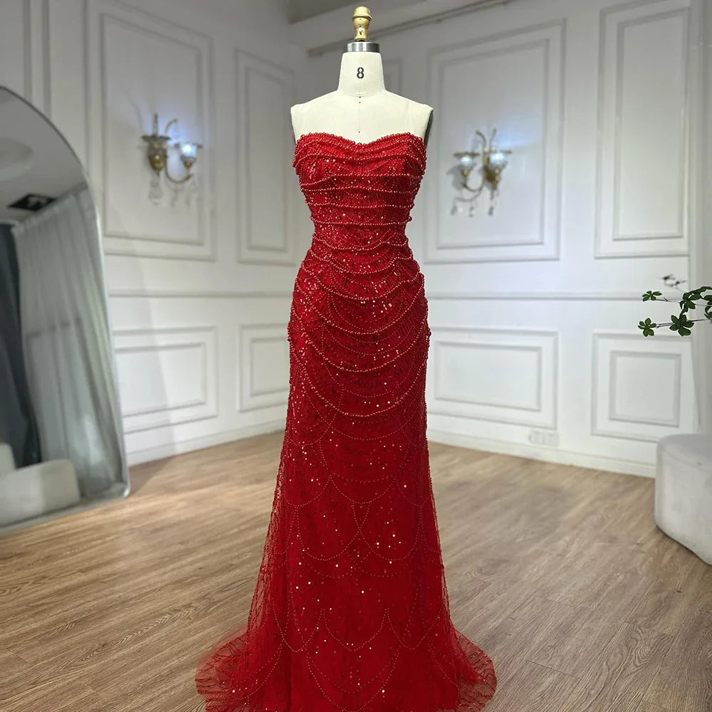 Red Long Cape Pearls Beaded Mermaid Evening Dress Gown LA72585A