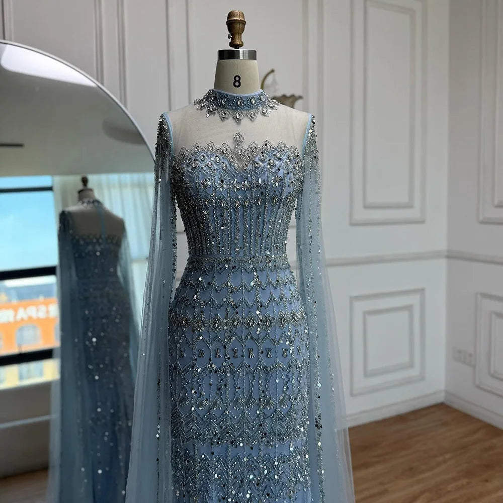Luxury Nude Beaded Evening Dress with Long Cape Sleeves LA72714A
