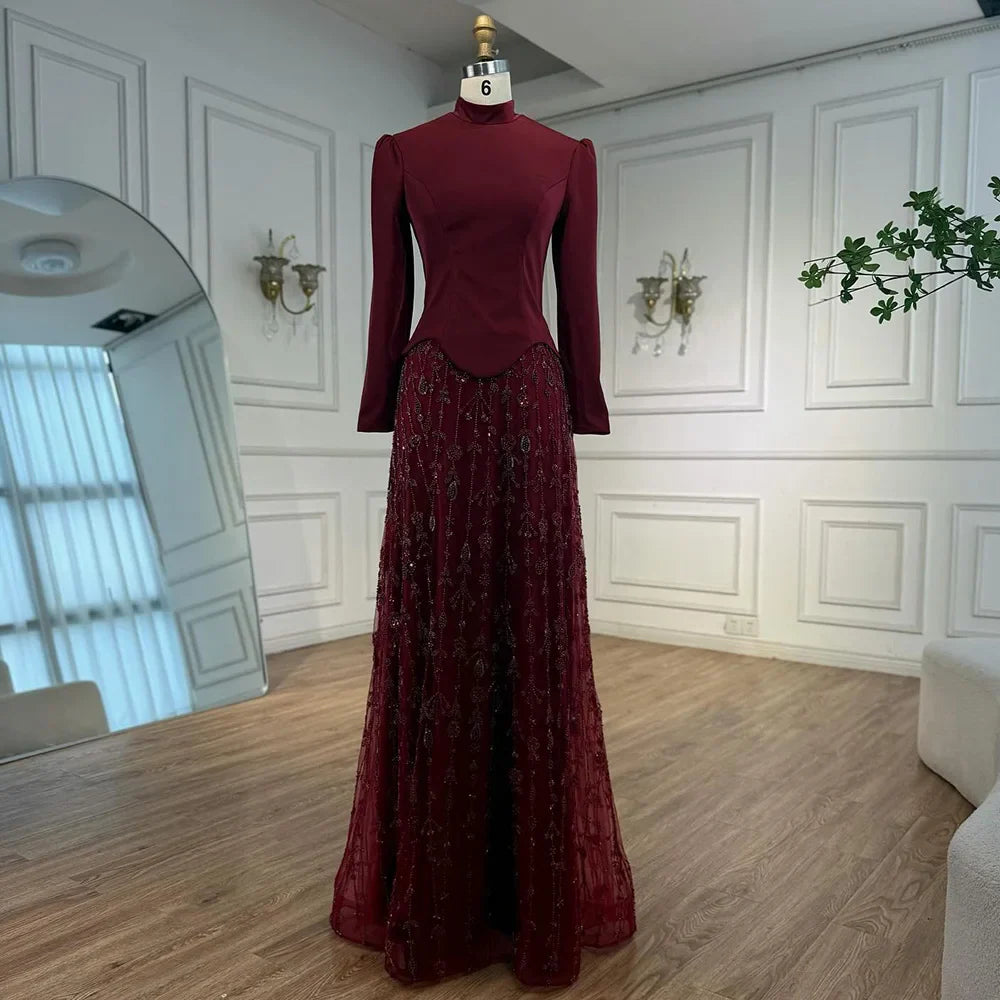 Luxury Sage Green Muslim Beaded Evening Dress LA72805A