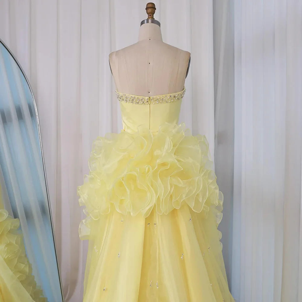 Luxury Dubai Evening Gown for Formal Occasion Elegant Yellow Dress with Ruffles and Beaded Details LA72889