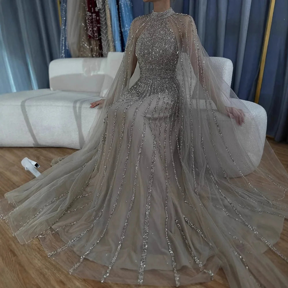 Luxury Caramel A-Line Cape Sleeve Beaded Evening Dress LA72306B