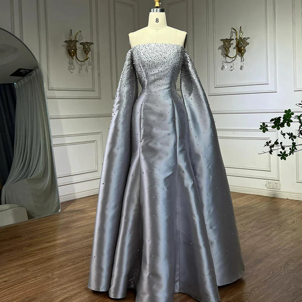 Luxury Dubai Luxury Off Shoulder A Line Gray Satin Evening Gown Pearl Beaded for Formal Occasion LA72779