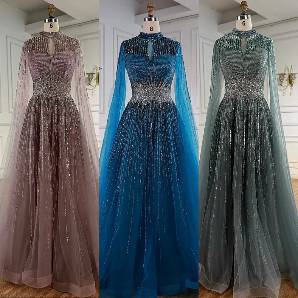 Luxury Modest Blue Beaded Evening Dress with Cape LA73059